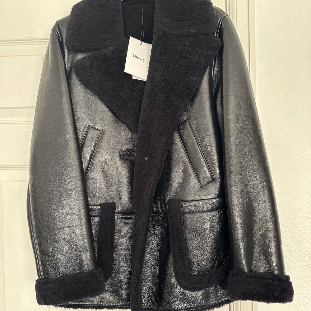 NWT Theory Patent Leather Shearling Jacket. Size small.